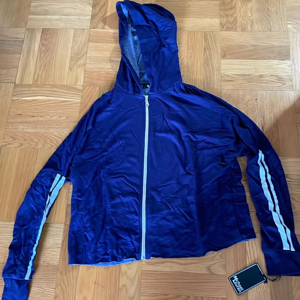 Michael Lauren Sullivan Zip Up Hoodie W/Reverse High Low Hem & Stripe Blue M NWT